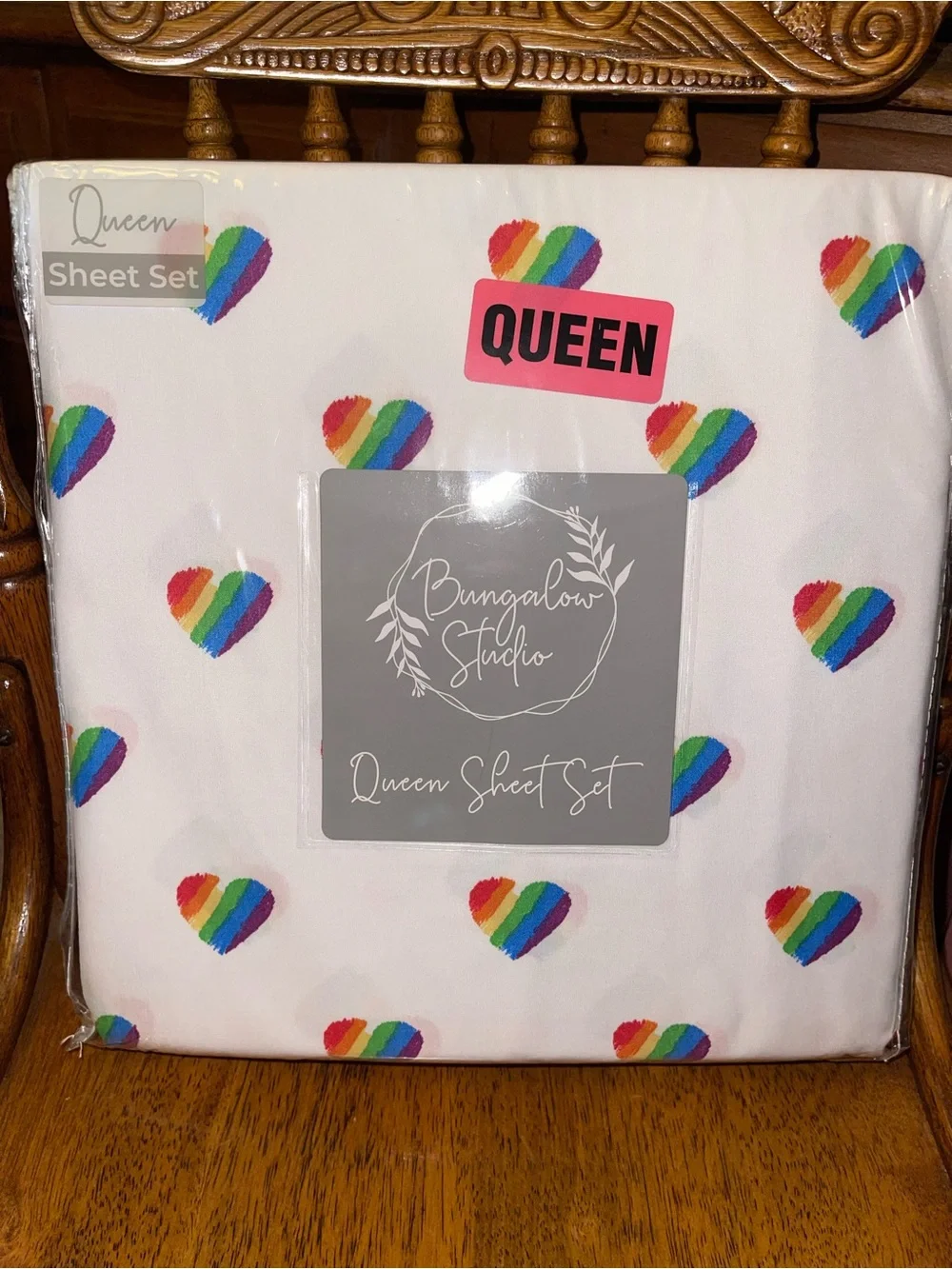 Bungalow Studios Rainbow Heart Queen Sheet Set - White with Multicolor Hearts